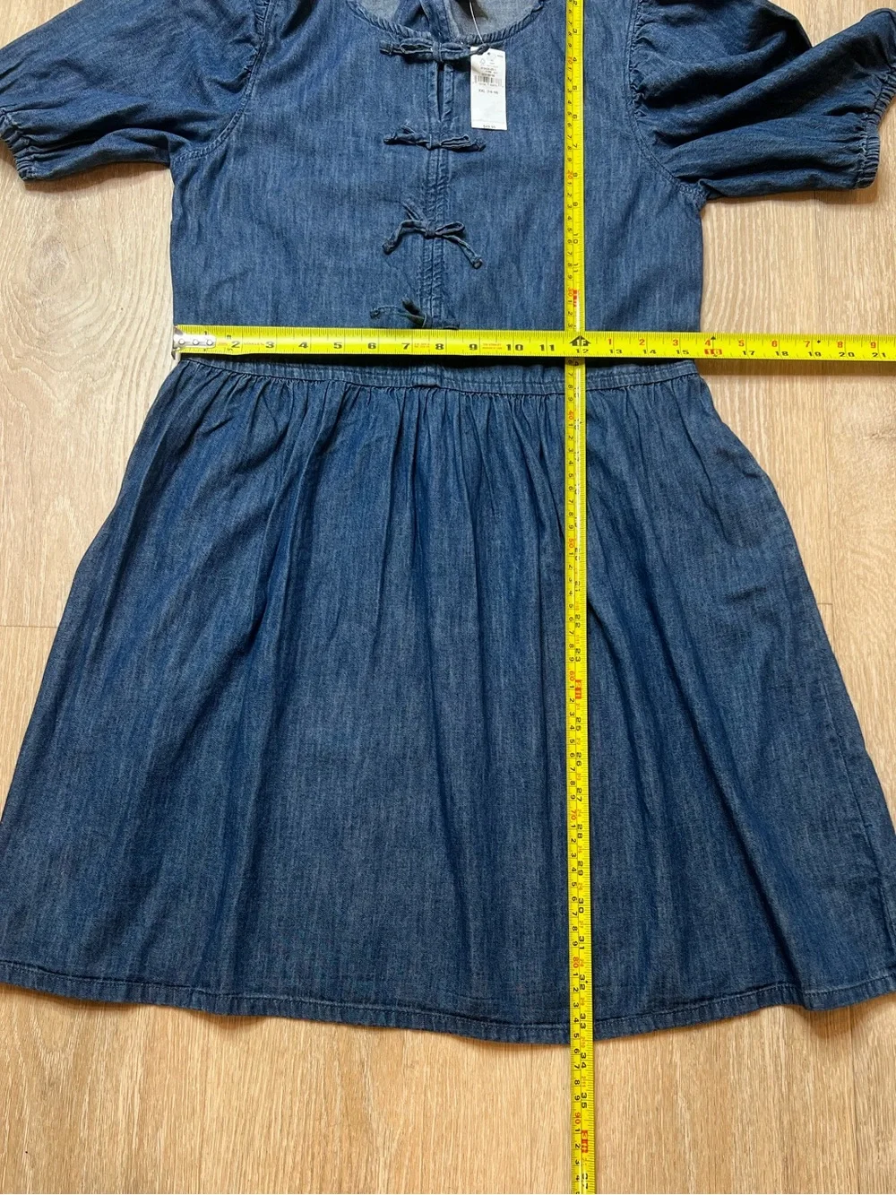 GAP Kids Denim Puff-Sleeve Bow Dress in Medium Wash, Girls XXL 14-16